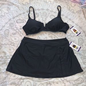 NWT Anne Cole V-Wire Black Bikini Top & Swim Skirt Sz XXL